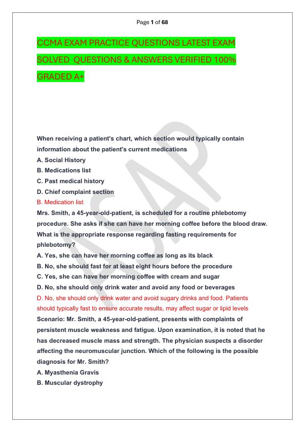 CCMA EXAM PRACTICE QUESTIONS LATEST EXAM SOLVED  QUESTIONS & ANSWERS VERIFIED 100%  GRADED A+