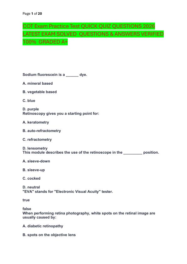 COT Exam Practice Test QUICK QUIZ QUESTIONS 2026 LATEST EXAM SOLVED  QUESTIONS & ANSWERS VERIFIED 100%  GRADED A+