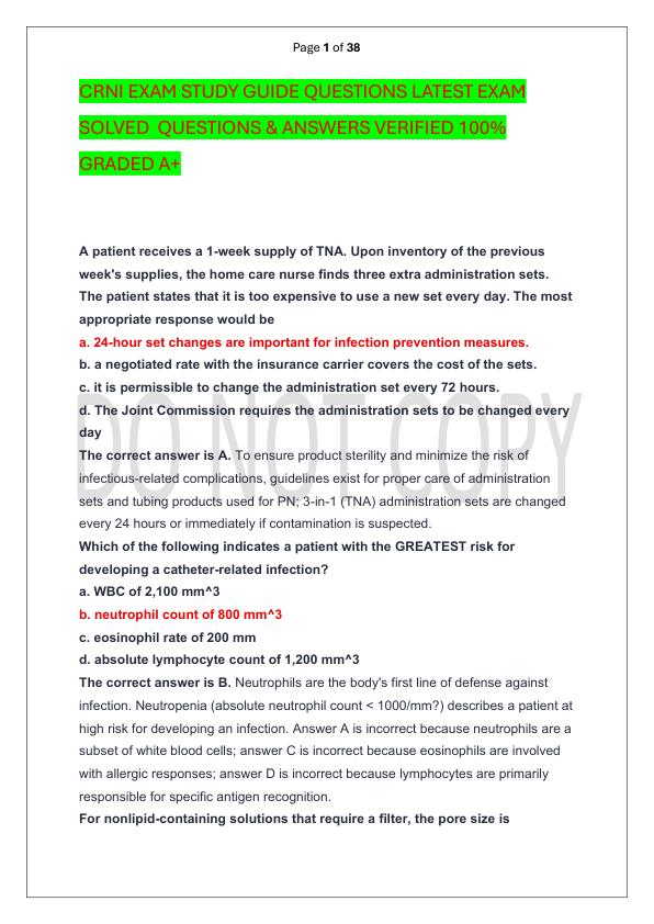 CRNI EXAM STUDY GUIDE QUESTIONS LATEST EXAM SOLVED  QUESTIONS & ANSWERS VERIFIED 100%  GRADED A+