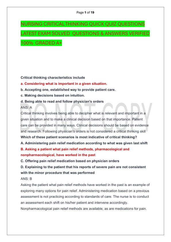 NURSING CRITICAL THINKING QUICK QUIZ QUESTIONS LATEST EXAM SOLVED  QUESTIONS & ANSWERS VERIFIED 100%  GRADED A+