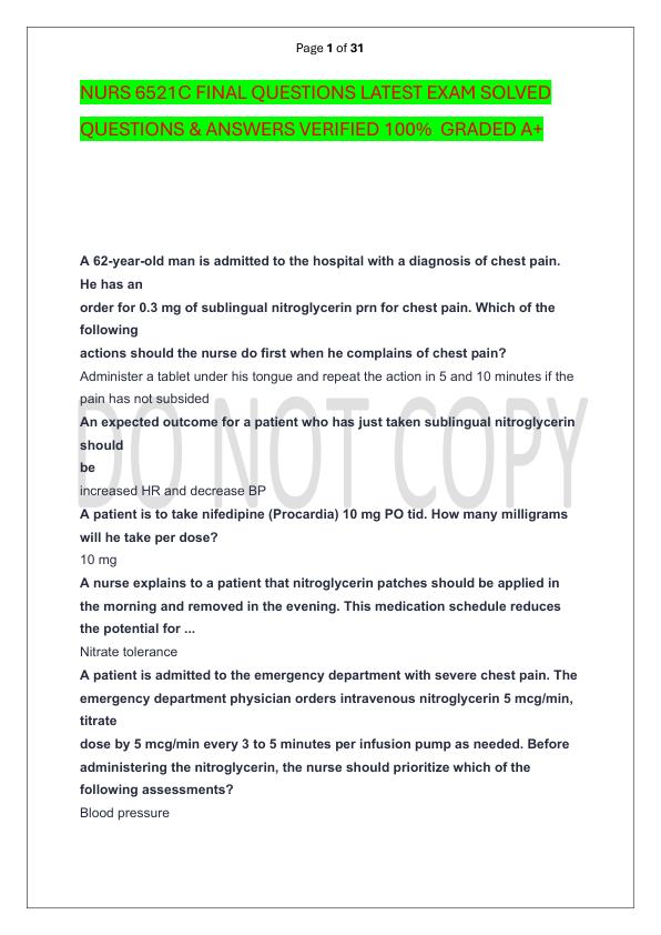 NURS 6521C FINAL QUESTIONS LATEST EXAM SOLVED  QUESTIONS & ANSWERS VERIFIED 100%  GRADED A+