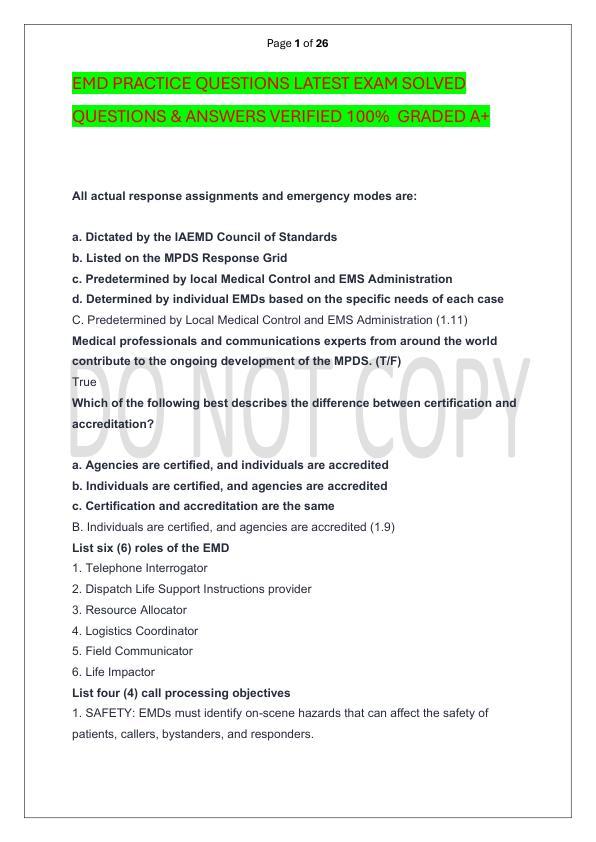 EMD PRACTICE QUESTIONS LATEST EXAM SOLVED  QUESTIONS & ANSWERS VERIFIED 100%  GRADED A+