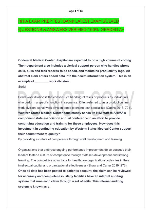 RHIA EXAM PREP TEST BANK LATEST EXAM SOLVED  QUESTIONS & ANSWERS VERIFIED 100%  GRADED A+