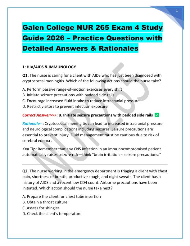 Galen College NUR 265 Exam 4 Study Guide 2026