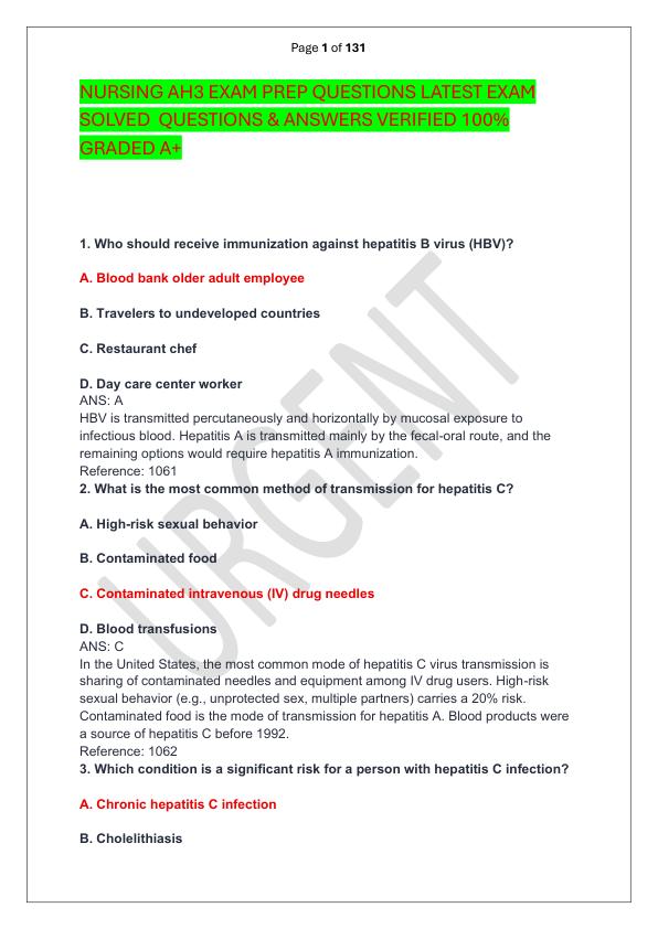 NURSING AH3 EXAM PREP QUESTIONS LATEST EXAM SOLVED  QUESTIONS & ANSWERS VERIFIED 100%  GRADED A+