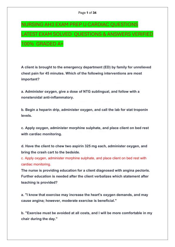 NURSING AH3 EXAM PREP U CARDIAC QUESTIONS LATEST EXAM SOLVED  QUESTIONS & ANSWERS VERIFIED 100%  GRADED A+