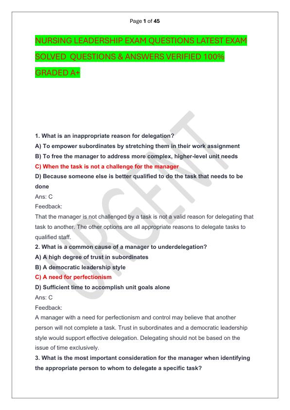 NURSING LEADERSHIP EXAM QUESTIONS LATEST EXAM SOLVED  QUESTIONS & ANSWERS VERIFIED 100%  GRADED A+