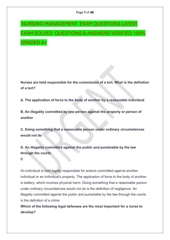 NURSING MANAGEMENT  EXAM QUESTIONS LATEST EXAM SOLVED  QUESTIONS & ANSWERS VERIFIED 100%  GRADED A+