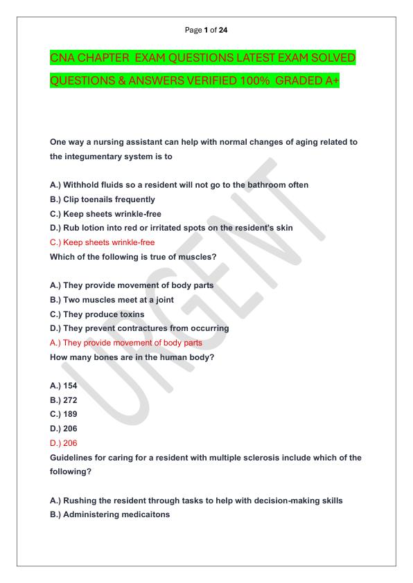 CNA CHAPTER  EXAM QUESTIONS LATEST EXAM SOLVED  QUESTIONS & ANSWERS VERIFIED 100%  GRADED A+