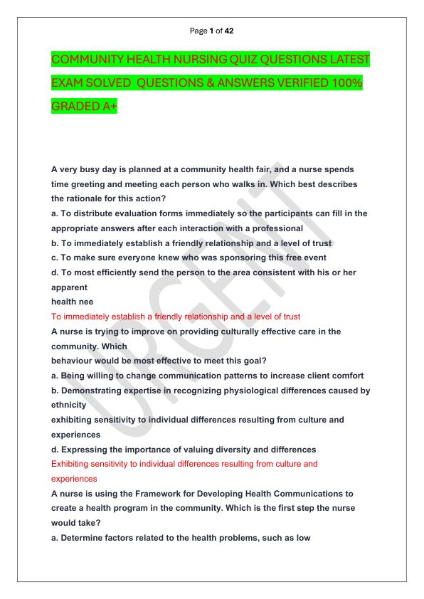 COMMUNITY HEALTH NURSING QUIZ QUESTIONS LATEST EXAM SOLVED  QUESTIONS & ANSWERS VERIFIED 100%  GRADED A+