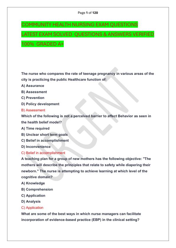 COMMUNITY HEALTH NURSING EXAM QUESTIONS LATEST EXAM SOLVED  QUESTIONS & ANSWERS VERIFIED 100%  GRADED A+