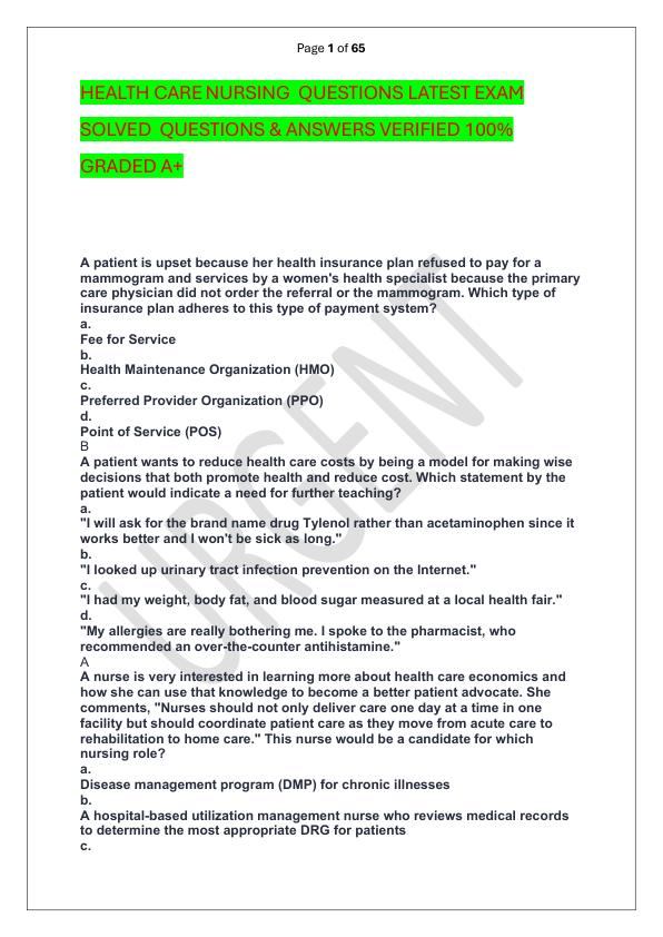 HEALTH CARE NURSING  QUESTIONS LATEST EXAM SOLVED  QUESTIONS & ANSWERS VERIFIED 100%  GRADED A+