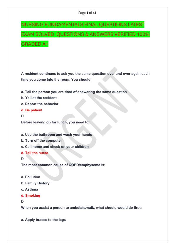 NURSING FUNDAMENTALS FINAL QUESTIONS LATEST EXAM SOLVED  QUESTIONS & ANSWERS VERIFIED 100%  GRADED A+