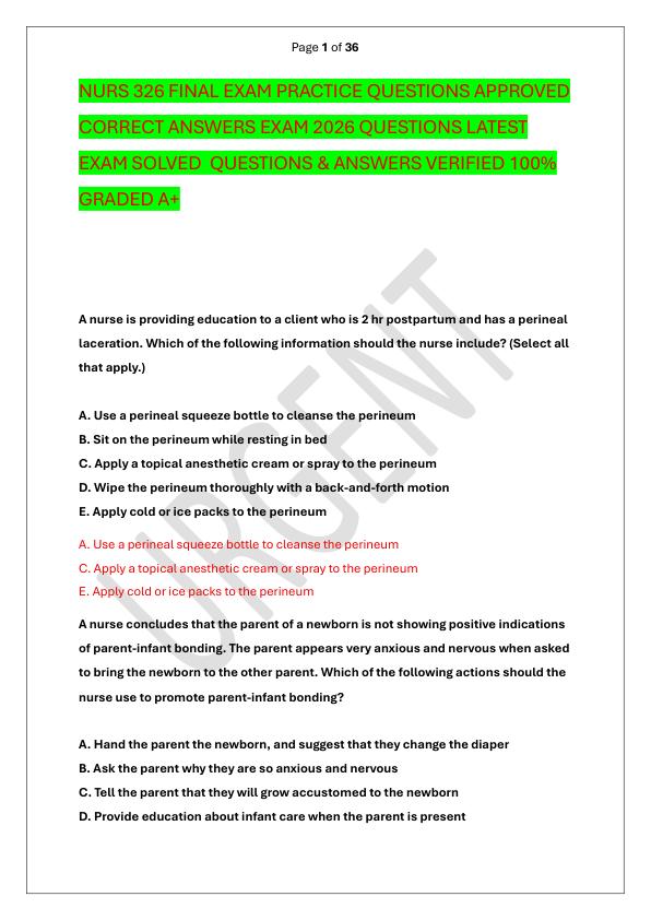 NURS 326 FINAL EXAM PRACTICE QUESTIONS APPROVED CORRECT ANSWERS EXAM 2026 QUESTIONS LATEST EXAM SOLVED  QUESTIONS & ANSWERS VERIFIED 100%  GRADED A+
