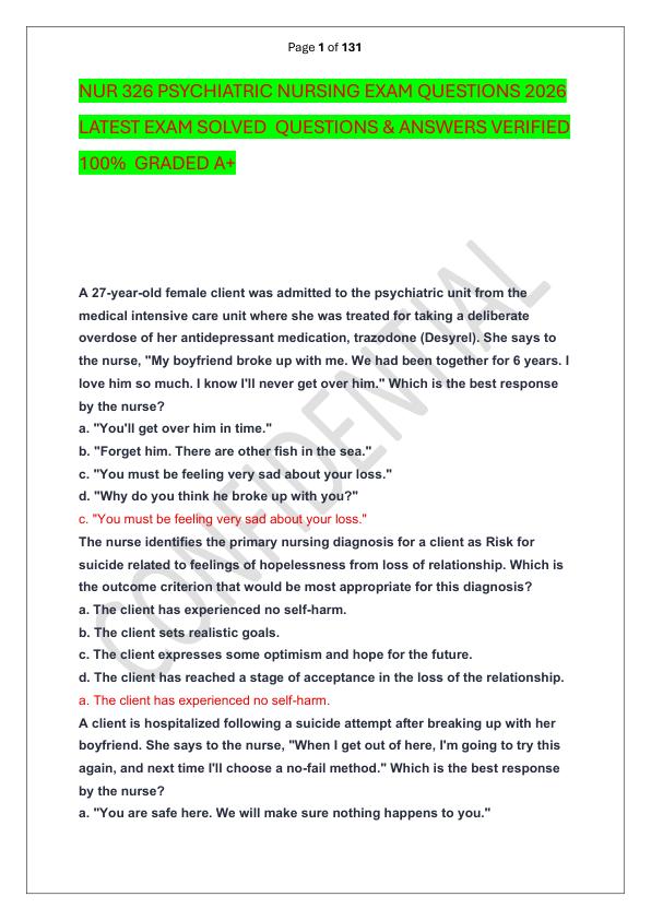 NUR 326 PSYCHIATRIC NURSING EXAM QUESTIONS 2026 LATEST EXAM SOLVED  QUESTIONS & ANSWERS VERIFIED 100%  GRADED A+