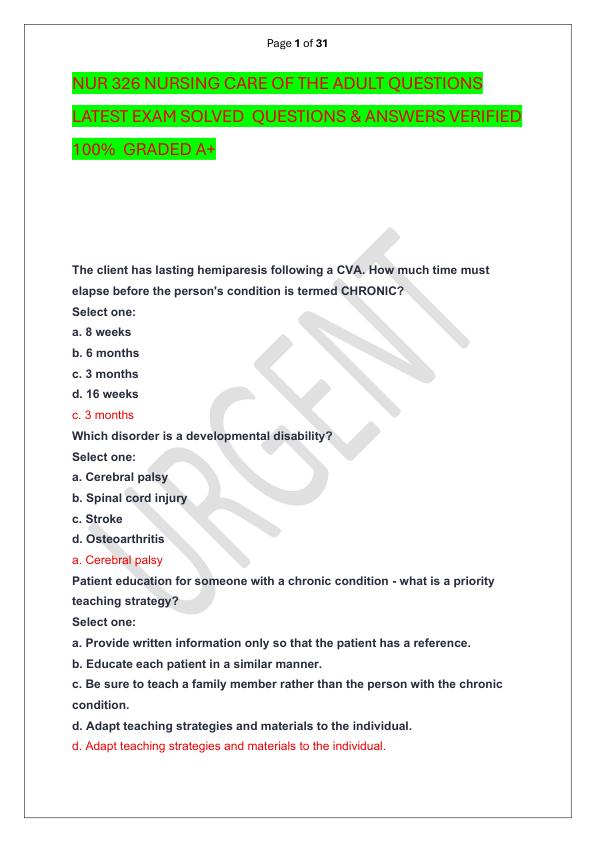 NUR 326 NURSING CARE OF THE ADULT QUESTIONS LATEST EXAM SOLVED  QUESTIONS & ANSWERS VERIFIED 100%  GRADED A+