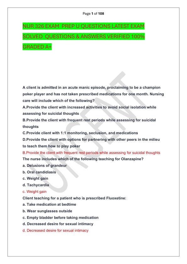 NUR 326 EXAM  PREP U QUESTIONS LATEST EXAM SOLVED  QUESTIONS & ANSWERS VERIFIED 100%  GRADED A+