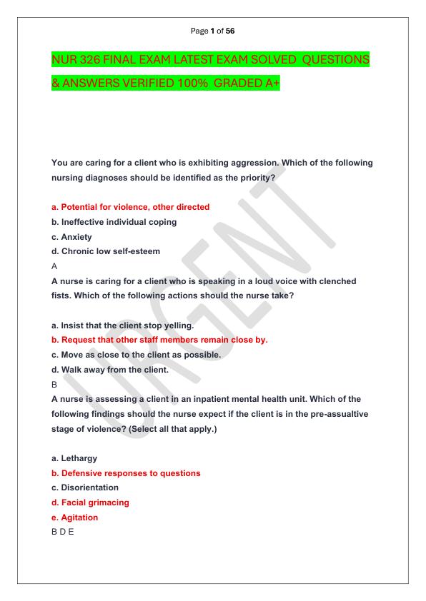 NUR 326 FINAL EXAM LATEST EXAM SOLVED  QUESTIONS & ANSWERS VERIFIED 100%  GRADED A+