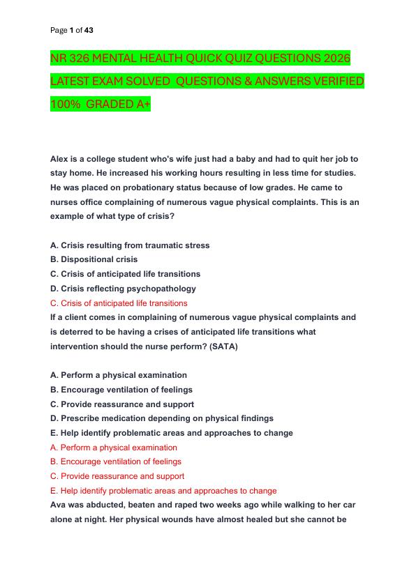 NR 326 MENTAL HEALTH QUICK QUIZ QUESTIONS 2026 LATEST EXAM SOLVED  QUESTIONS & ANSWERS VERIFIED 100%  GRADED A+