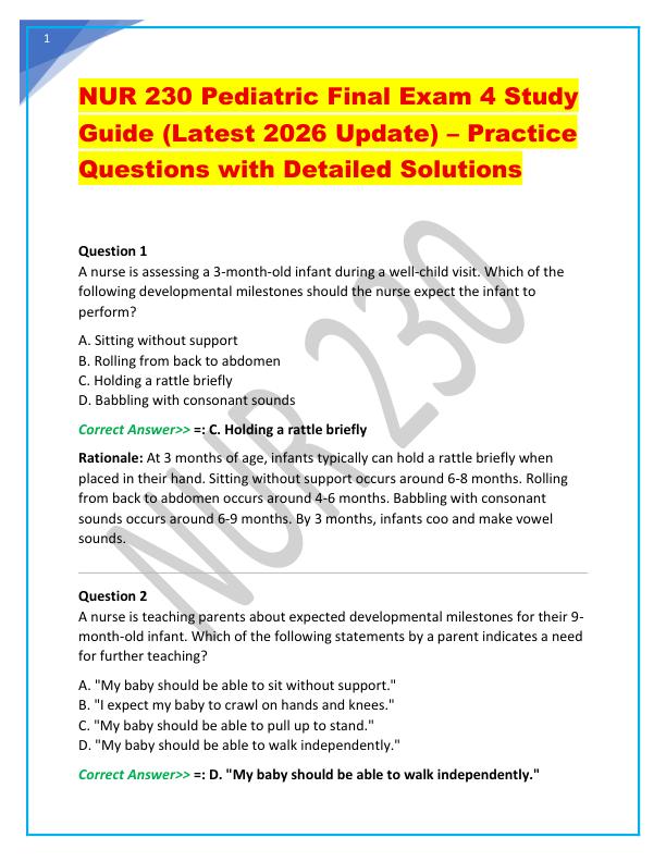 NUR 230 Pediatric Final Exam 4 Study Guide