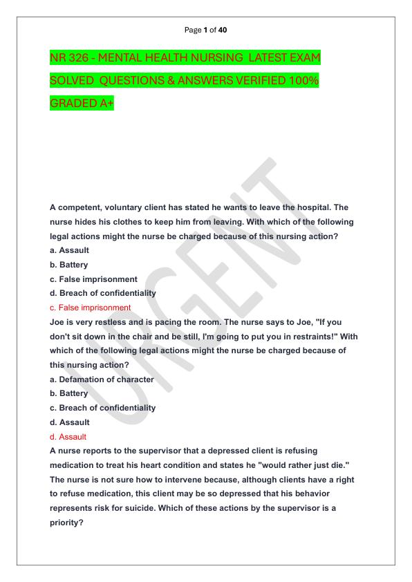 NR 326 - MENTAL HEALTH NURSING  LATEST EXAM SOLVED  QUESTIONS & ANSWERS VERIFIED 100%  GRADED A+