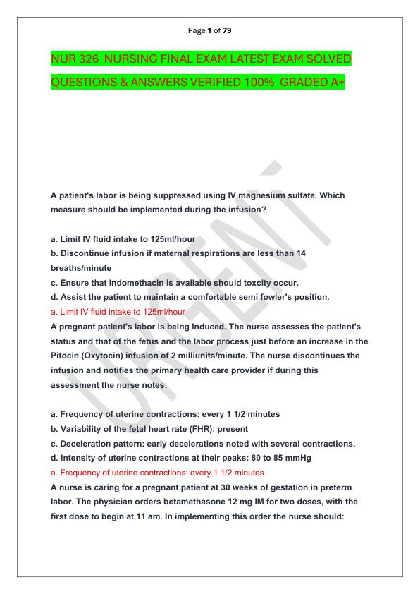 NUR 326  NURSING FINAL EXAM LATEST EXAM SOLVED  QUESTIONS & ANSWERS VERIFIED 100%  GRADED A+