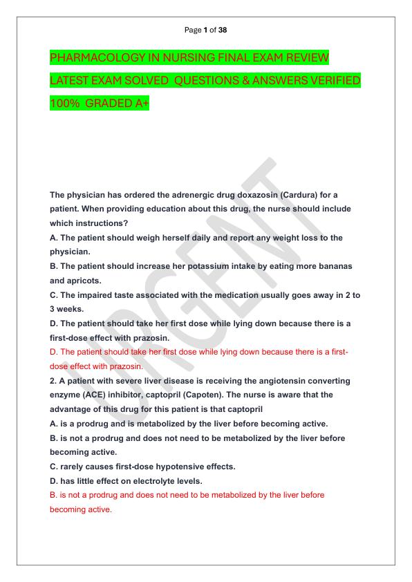PHARMACOLOGY IN NURSING FINAL EXAM REVIEW LATEST EXAM SOLVED  QUESTIONS & ANSWERS VERIFIED 100%  GRADED A+