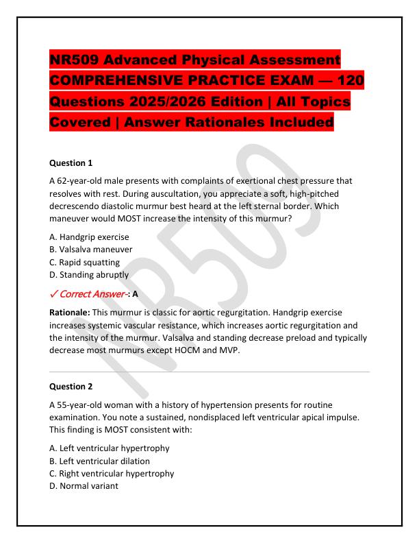 NR509 Advanced Physical Assessment COMPREHENSIVE PRACTICE EXAM