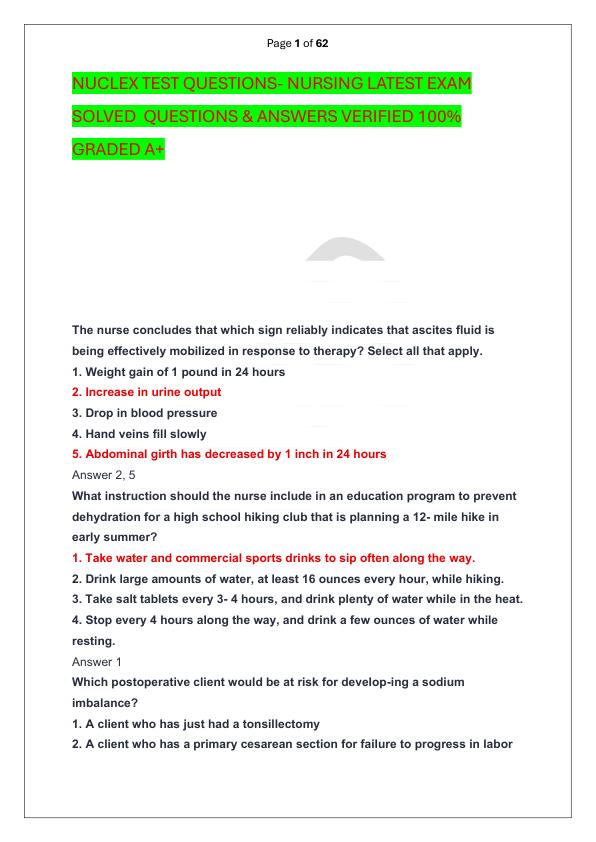 NUCLEX TEST QUESTIONS- NURSING LATEST EXAM SOLVED  QUESTIONS & ANSWERS VERIFIED 100%  GRADED A+