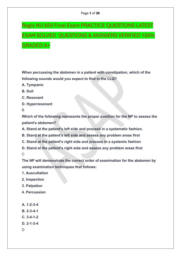 mobile-preview-Regis NU 650 Final Exam PRACTICE QUESTIONS LATEST EXAM SOLVED  QUESTIONS & ANSWERS VERIFIED 100%  GRADED A+
