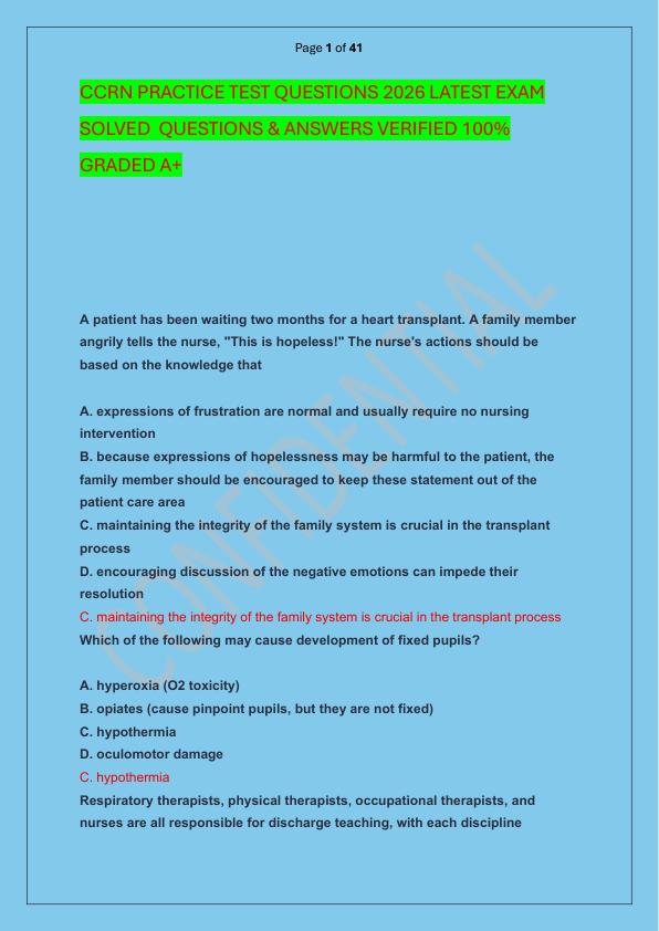 mobile-preview-CCRN PRACTICE TEST QUESTIONS 2026 LATEST EXAM SOLVED  QUESTIONS & ANSWERS VERIFIED 100%  GRADED A+