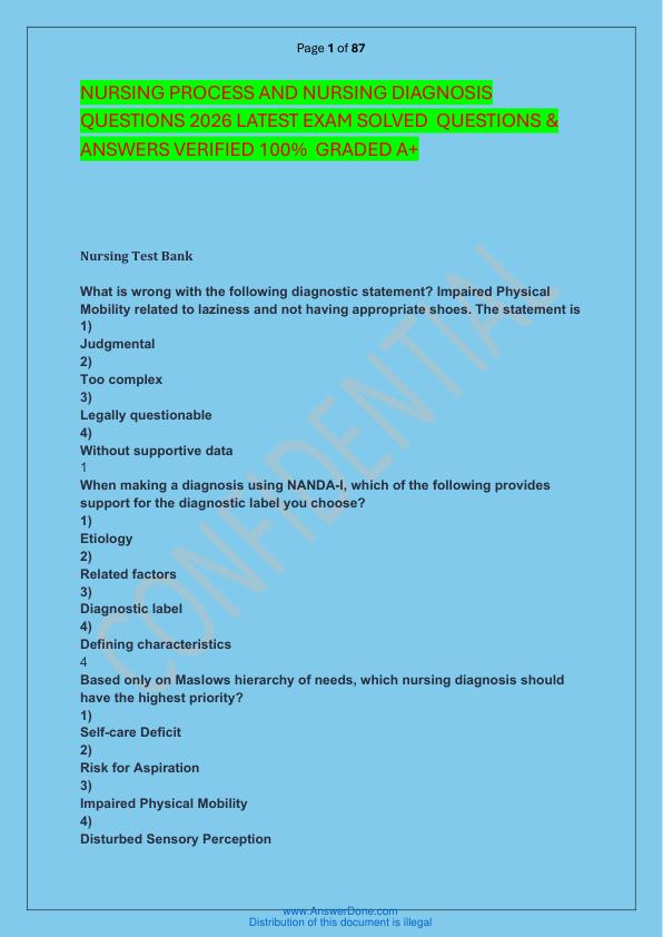 mobile-preview-NURSING PROCESS AND NURSING DIAGNOSIS QUESTIONS 2026 LATEST EXAM SOLVED  QUESTIONS & ANSWERS VERIFIED 100%  GRADED A+