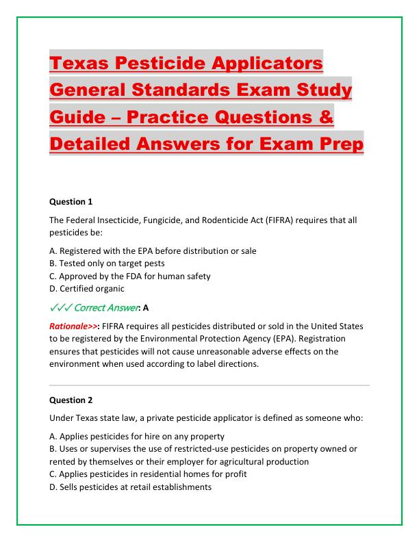 Texas Pesticide Applicators General Standards Exam Study Guide