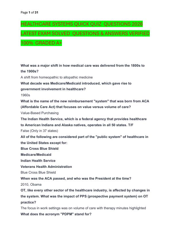 HEALTHCARE SYSTEMS QUICK QUIZ  QUESTIONS 2026 LATEST EXAM SOLVED  QUESTIONS & ANSWERS VERIFIED 100%  GRADED A+