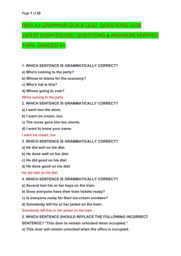 mobile-preview-HESI A2 GRAMMAR QUICK QUIZ  QUESTIONS 2026 LATEST EXAM SOLVED  QUESTIONS & ANSWERS VERIFIED 100%  GRADED A+
