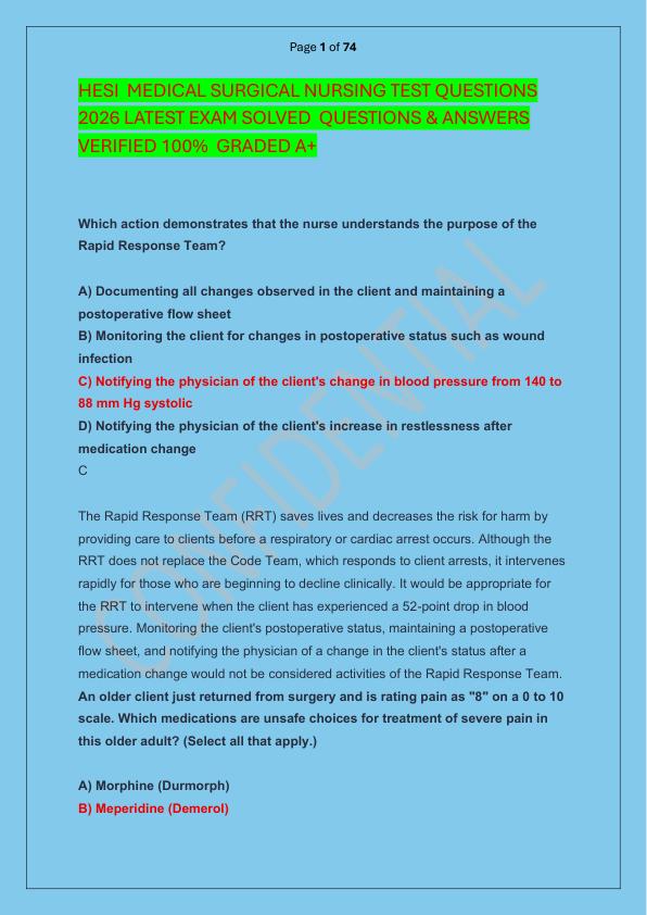 HESI  MEDICAL SURGICAL NURSING TEST QUESTIONS 2026 LATEST EXAM SOLVED  QUESTIONS & ANSWERS VERIFIED 100%  GRADED A+