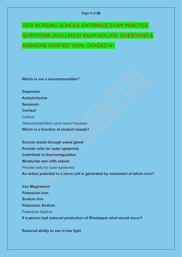 HESI NURSING SCHOOL ENTRANCE EXAM PRACTICE QUESTIONS 2026 LATEST EXAM SOLVED  QUESTIONS & ANSWERS VERIFIED 100%  GRADED A+