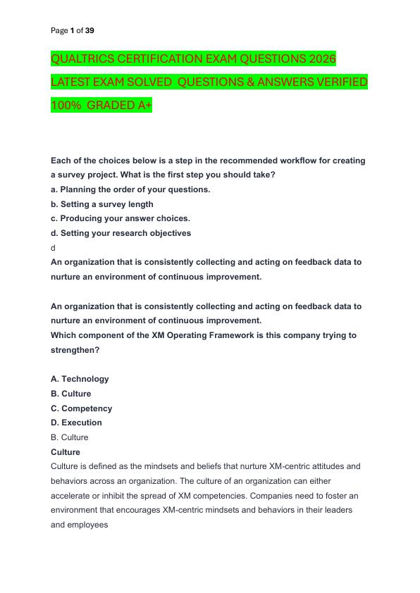 QUALTRICS CERTIFICATION EXAM QUESTIONS 2026 LATEST EXAM SOLVED  QUESTIONS & ANSWERS VERIFIED 100%  GRADED A+