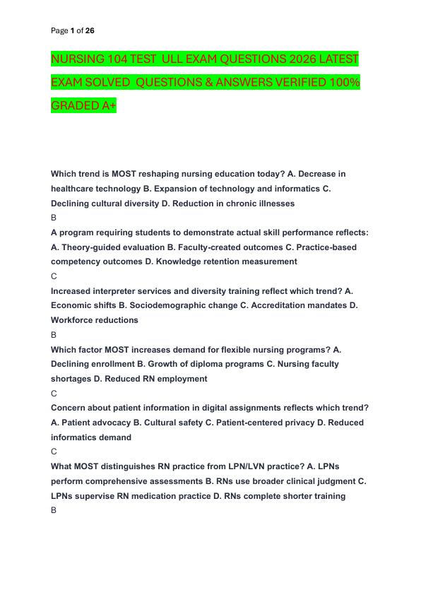 NURSING 104 TEST  ULL EXAM QUESTIONS 2026 LATEST EXAM SOLVED  QUESTIONS & ANSWERS VERIFIED 100%  GRADED A+
