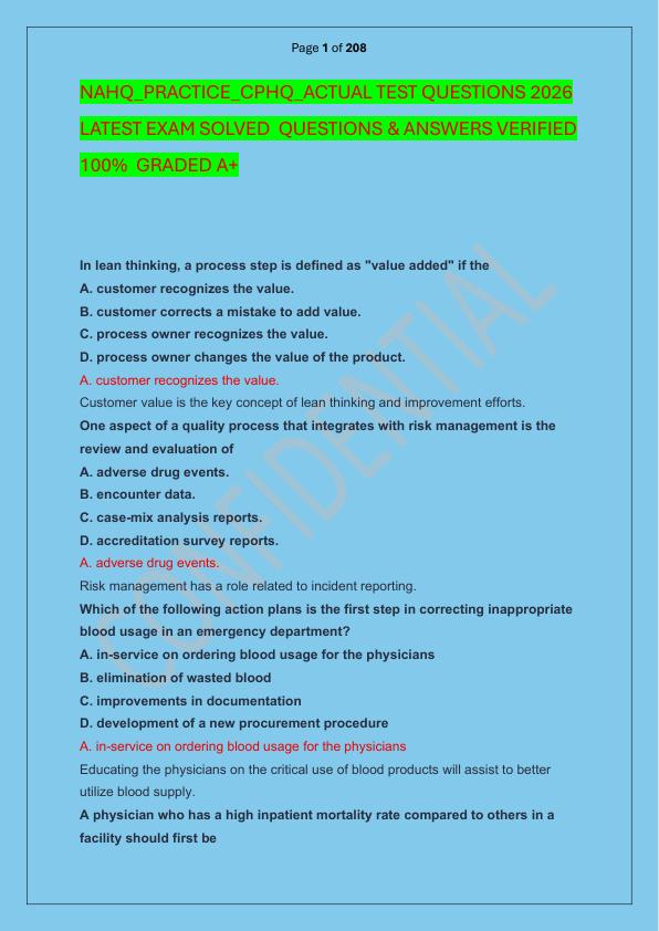 NAHQ_PRACTICE_CPHQ_ACTUAL TEST QUESTIONS 2026 LATEST EXAM SOLVED  QUESTIONS & ANSWERS VERIFIED 100%  GRADED A+