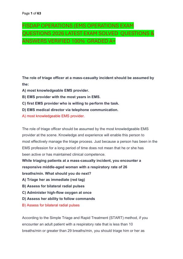 FISDAP OPERATIONS (EMS OPERATIONS EXAM QUESTIONS 2026 LATEST EXAM SOLVED  QUESTIONS & ANSWERS VERIFIED 100%  GRADED A+