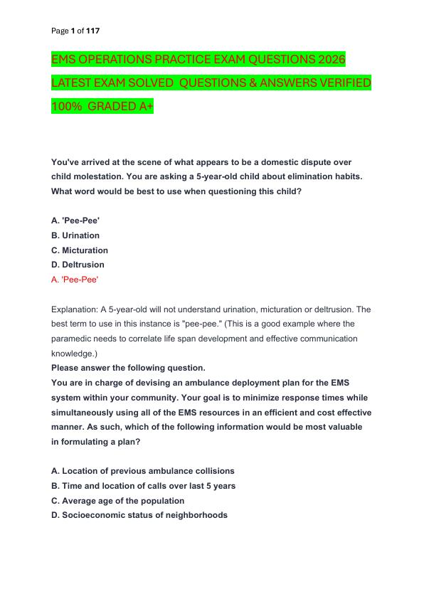 EMS OPERATIONS PRACTICE EXAM QUESTIONS 2026 LATEST EXAM SOLVED  QUESTIONS & ANSWERS VERIFIED 100%  GRADED A+