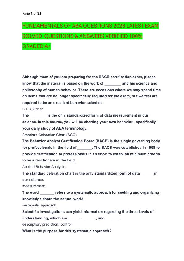 FUNDAMENTALS OF ABA QUESTIONS 2026 LATEST EXAM SOLVED  QUESTIONS & ANSWERS VERIFIED 100%  GRADED A+