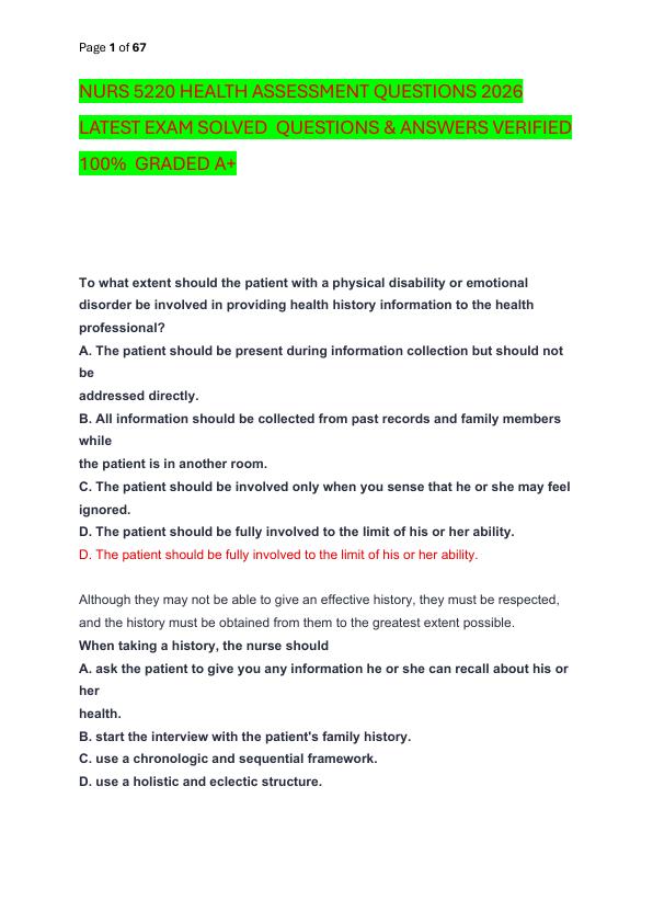 NURS 5220 HEALTH ASSESSMENT QUESTIONS 2026 LATEST EXAM SOLVED  QUESTIONS & ANSWERS VERIFIED 100%  GRADED A+