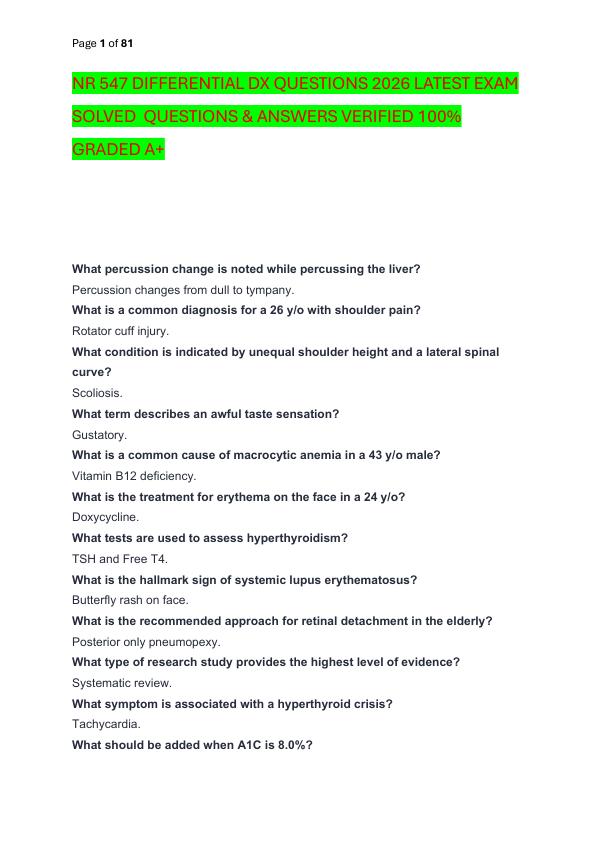 NR 547 DIFFERENTIAL DX QUESTIONS 2026 LATEST EXAM SOLVED  QUESTIONS & ANSWERS VERIFIED 100%  GRADED A+