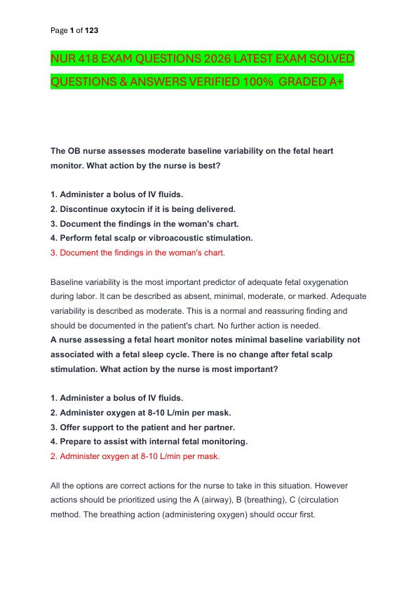 NUR 418 EXAM QUESTIONS 2026 LATEST EXAM SOLVED  QUESTIONS & ANSWERS VERIFIED 100%  GRADED A+