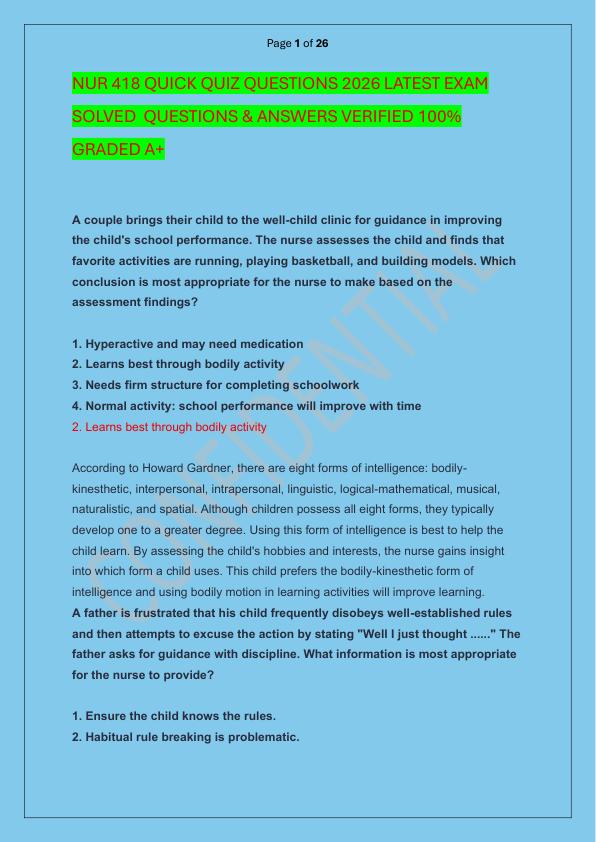 NUR 418 QUICK QUIZ QUESTIONS 2026 LATEST EXAM SOLVED  QUESTIONS & ANSWERS VERIFIED 100%  GRADED A+