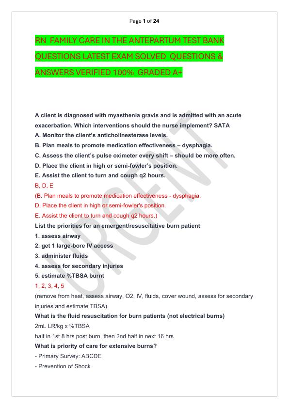 RN  FAMILY CARE IN THE ANTEPARTUM TEST BANK QUESTIONS LATEST EXAM SOLVED  QUESTIONS & ANSWERS VERIFIED 100%  GRADED A+