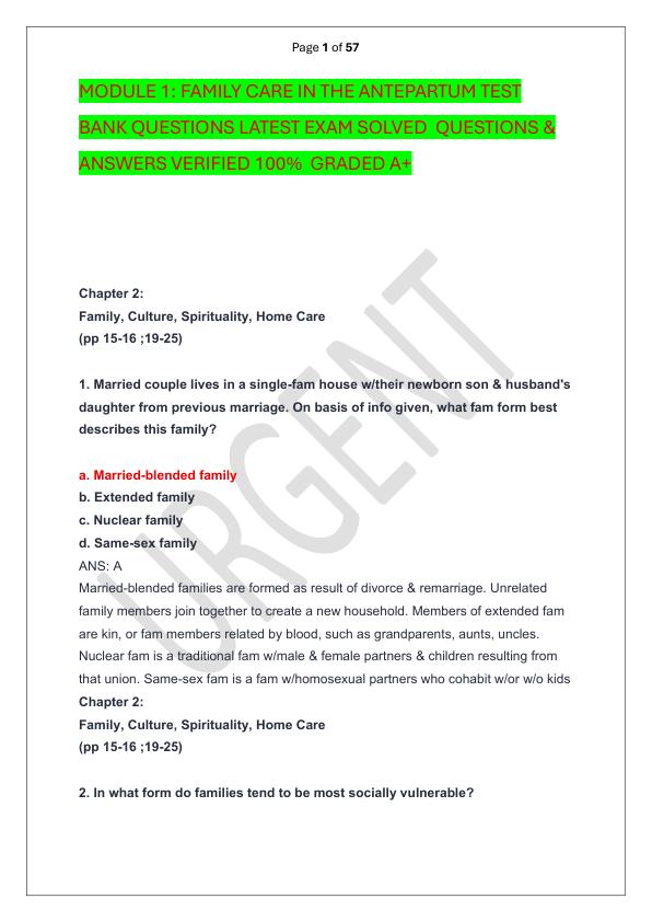 MODULE 1 FAMILY CARE IN THE ANTEPARTUM TEST BANK QUESTIONS LATEST EXAM SOLVED  QUESTIONS & ANSWERS VERIFIED 100%  GRADED A+