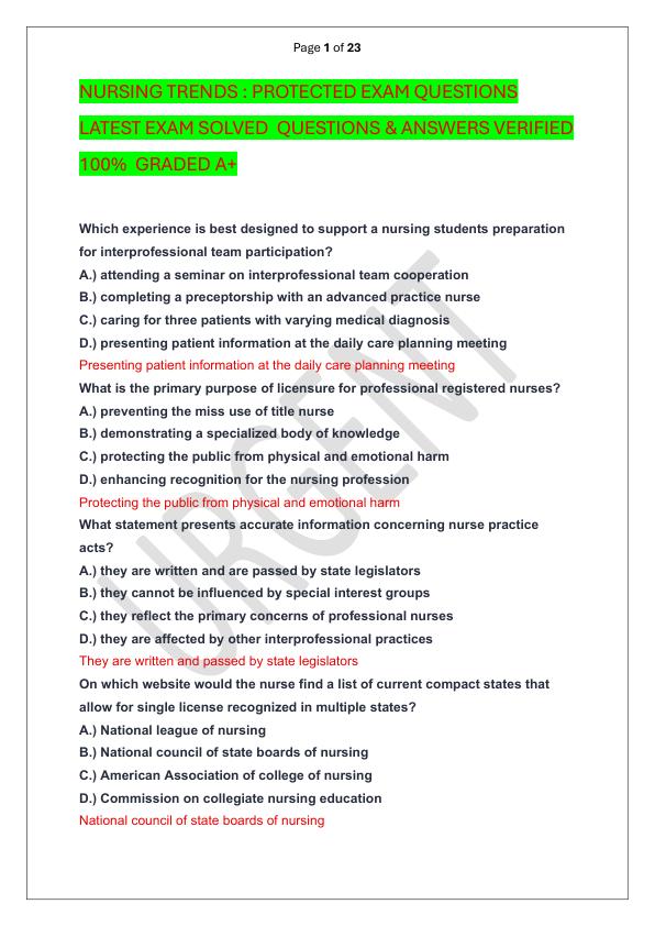 NURSING TRENDS  PROTECTED EXAM QUESTIONS LATEST EXAM SOLVED  QUESTIONS & ANSWERS VERIFIED 100%  GRADED A+